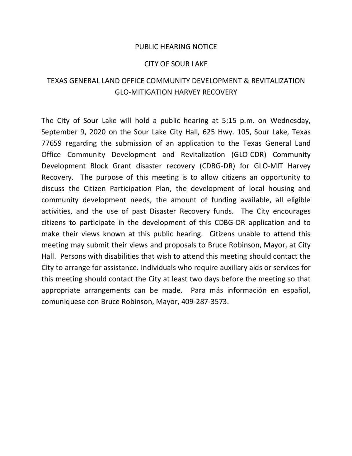 Public Notices and Hearings City of Sour Lake