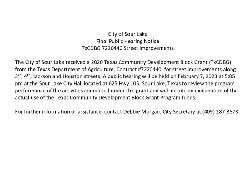 TxCDBG 7220440 Street Improvements City of Sour Lake