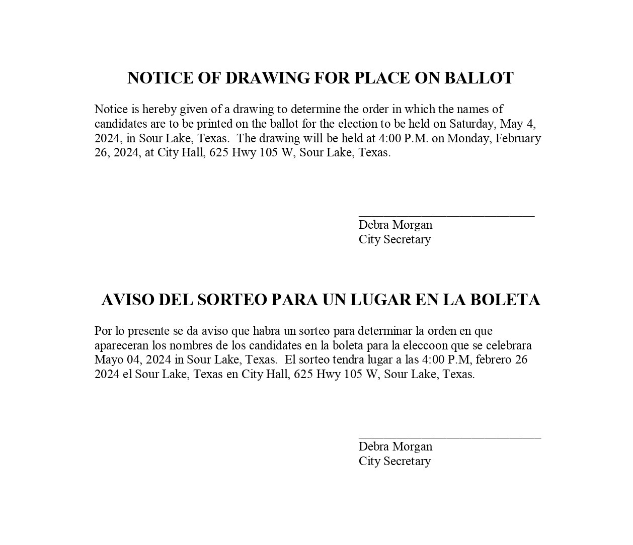 NOTICE OF DRAWING FOR PLACE ON BALLOT 2024