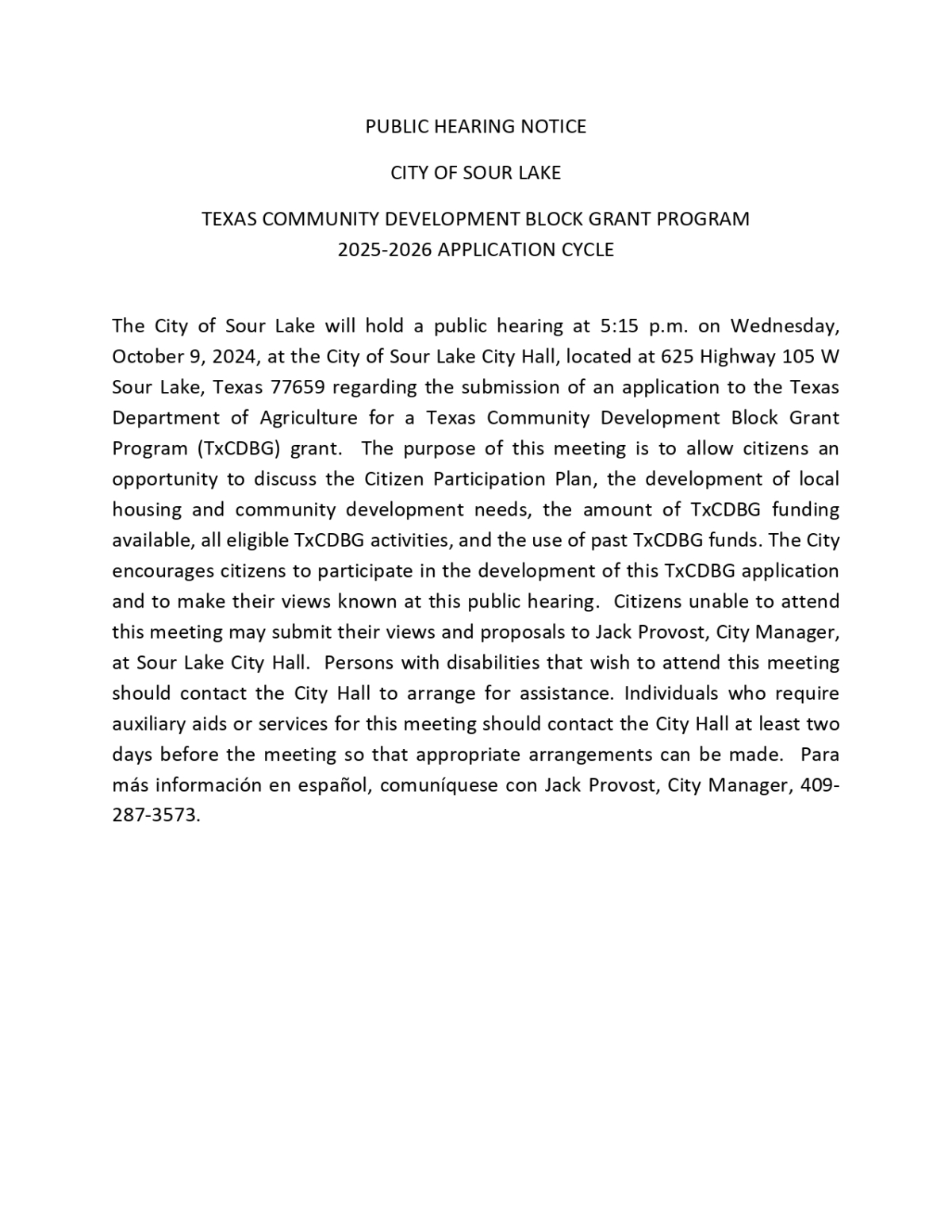 Declaration of Disaster City of Sour Lake